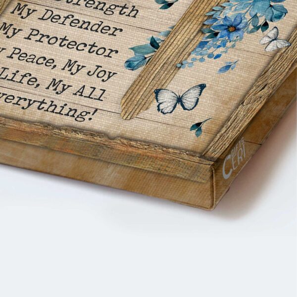 Christian Home Decor Gift: Jesus Portrait Poster – Blue Flower Wooden Cross White Butterfly