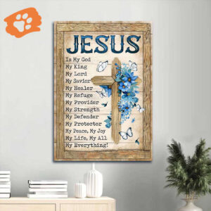 Christian Home Decor Gift: Jesus Portrait Poster - Blue Flower Wooden Cross White Butterfly