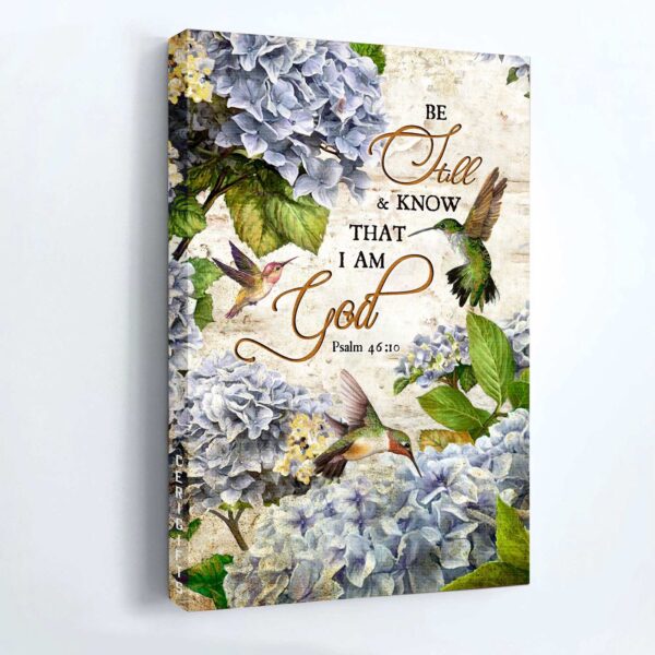 Blue Hydrangea Jesus Portrait Poster – Christian Home Decor Gift with Bible Verse and Hummingbird Painting