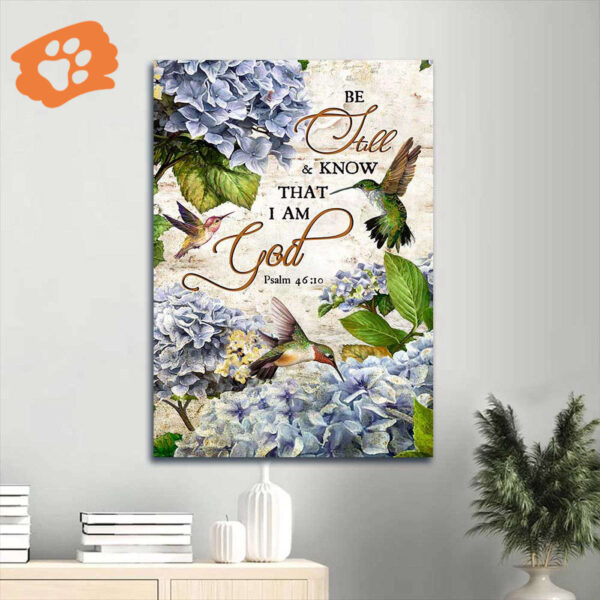 Blue Hydrangea Jesus Portrait Poster – Christian Home Decor Gift with Bible Verse and Hummingbird Painting