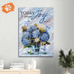Christian Home Decor Gift - Jesus & Butterfly Portrait Poster - Blue Hydrangea Painting - Choose Joy Today
