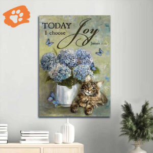 Christian Home Decor Gift: Jesus Portrait Poster with Blue Hydrangea and Pretty Cat
