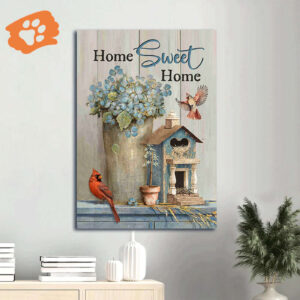 Christian Home Decor Gift - Jesus Portrait Poster with Blue Hydrangea Red Cardinals and Wooden Birdcage - Home Sweet Home