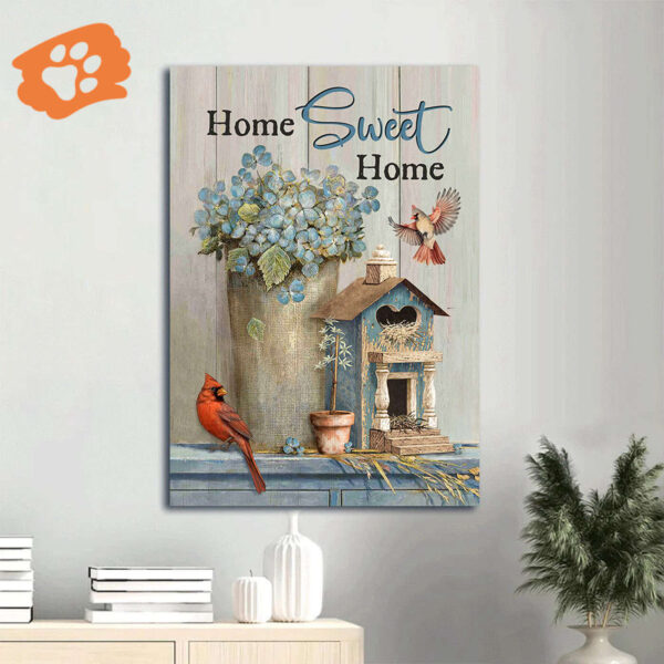Christian Home Decor Gift – Jesus Portrait Poster with Blue Hydrangea Red Cardinals and Wooden Birdcage – Home Sweet Home