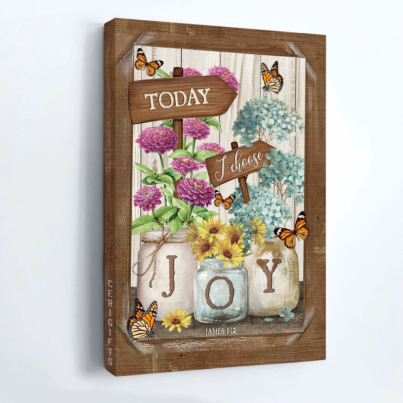 Christian Home Decor Gift: Jesus Portrait Poster with Hydrangea Watercolor Jars and Monarch Butterfly