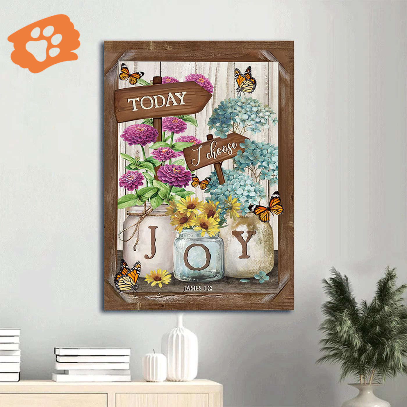 Christian Home Decor Gift: Jesus Portrait Poster with Hydrangea Watercolor Jars and Monarch Butterfly