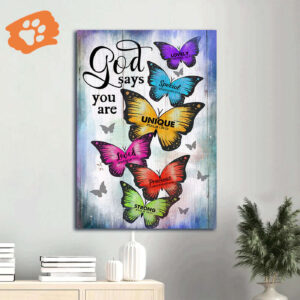 Colorful Butterfly Jesus Portrait Poster - Christian Home Decor Gift with Wooden Background
