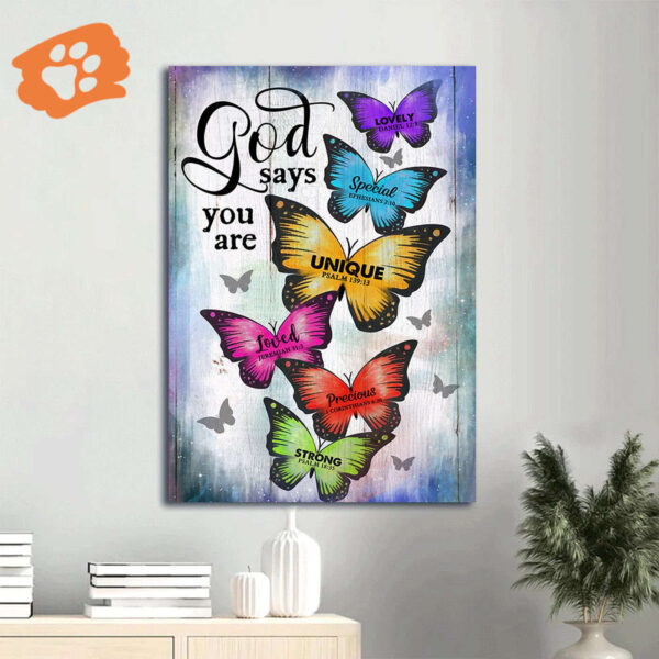 Colorful Butterfly Jesus Portrait Poster – Christian Home Decor Gift with Wooden Background