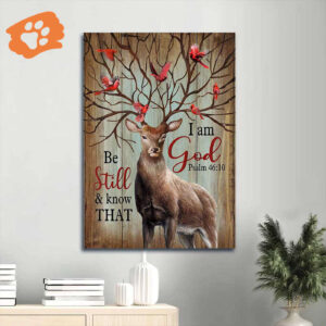 Jesus Portrait Poster: Deer & Cardinal Winter Tree  Poster Home Decor Gift - Christian Home Decor Gift
