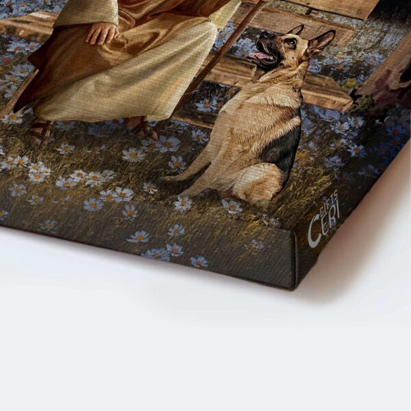 Jesus Portrait Poster – Galaxy Artwork with German Shepherd Dog & Daisy Field – Christian Home Decor Gift