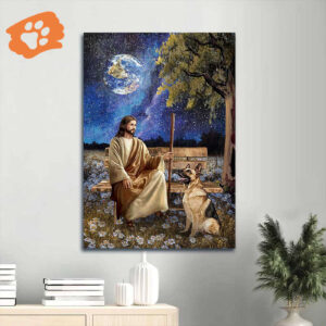 Jesus Portrait Poster - Galaxy Artwork with German Shepherd Dog & Daisy Field - Christian Home Decor Gift