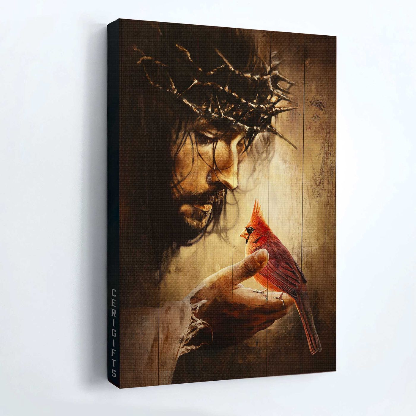Christian Home Decor Gift: Jesus Portrait Poster with Red Cardinals and Thorn Crown – Christian Wall Art Prints