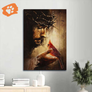 Christian Home Decor Gift: Jesus Portrait Poster with Red Cardinals and Thorn Crown - Christian Wall Art Prints