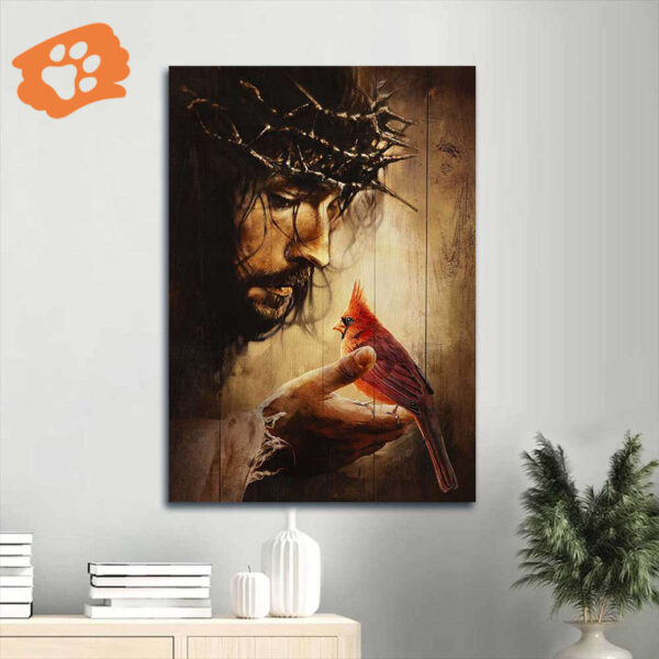 Christian Home Decor Gift: Jesus Portrait Poster with Red Cardinals and Thorn Crown – Christian Wall Art Prints