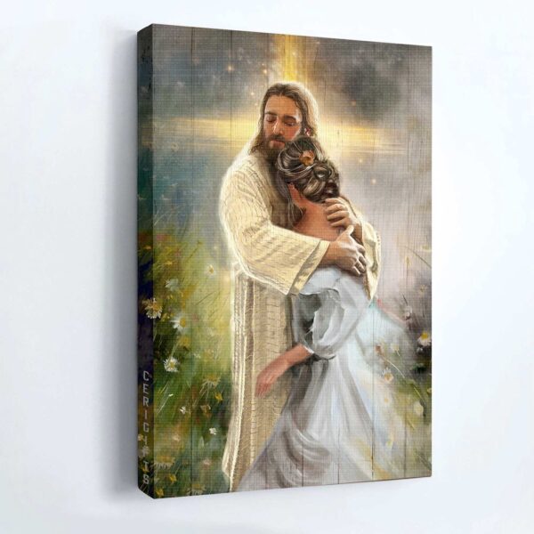 Jesus Hug & Daisy Field Portrait Poster – Inspirational Christian Home Decor Gift
