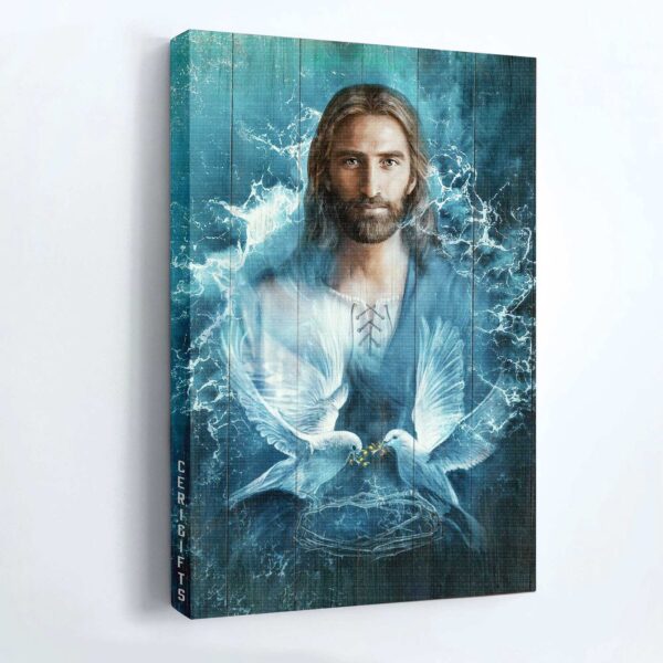 Christian Jesus Portrait Poster – Bird Couple Decor Gift – Blue Water Wall Art