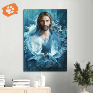 Christian Jesus Portrait Poster - Bird Couple Decor Gift - Blue Water Wall Art