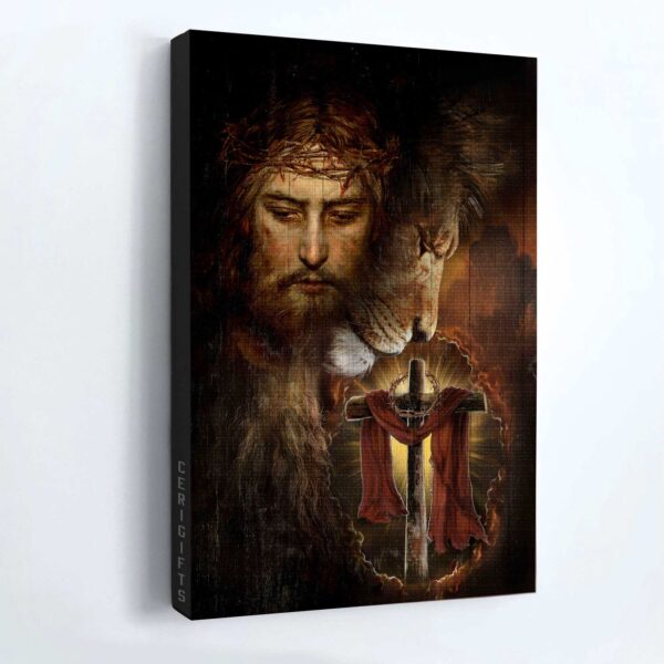 Jesus Lion of Judah Wooden Cross Portrait Poster – Inspirational Christian Home Decor Gift