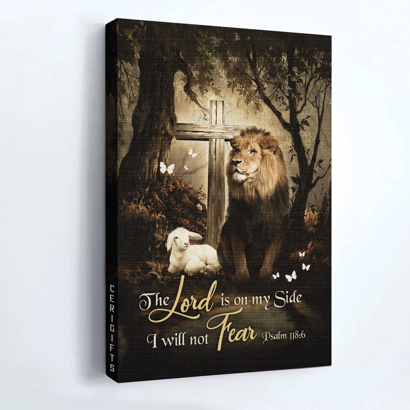 Jesus Portrait Poster – Lion of Judah Lamb of God Wooden Cross White Butterfly – Christian Home Decor Gift