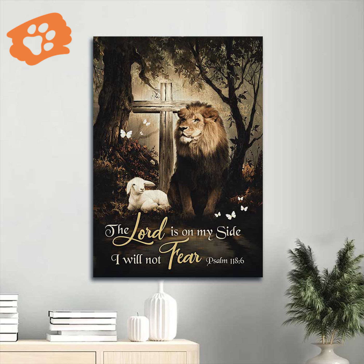 Jesus Portrait Poster – Lion of Judah Lamb of God Wooden Cross White Butterfly – Christian Home Decor Gift
