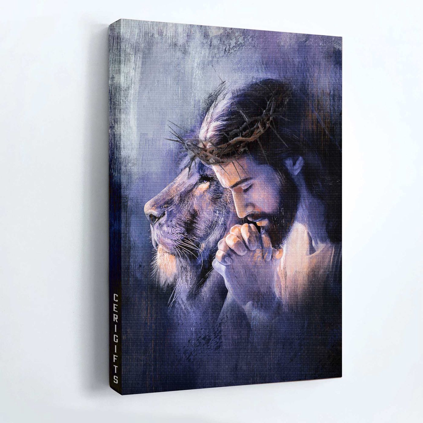 Jesus Portrait Poster – Lion of Judah Purple Halo Healing Prayer Crown of Thorns – Christian Home Decor Gift