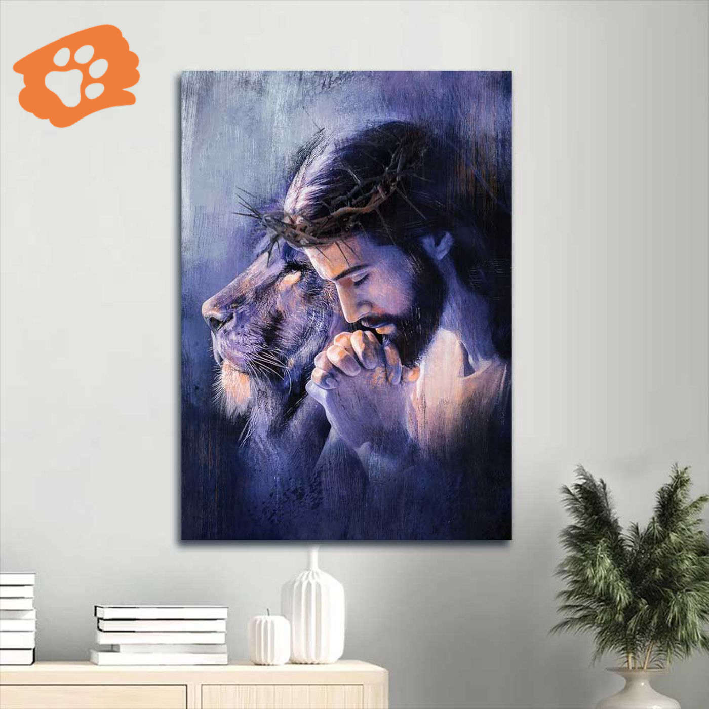 Jesus Portrait Poster – Lion of Judah Purple Halo Healing Prayer Crown of Thorns – Christian Home Decor Gift