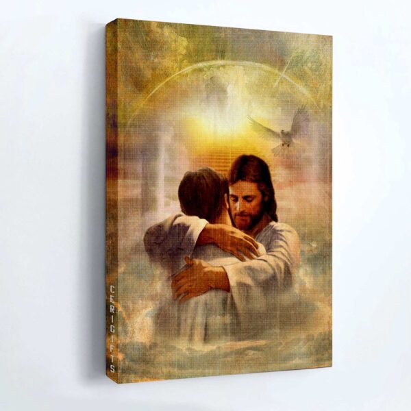 Man Hugging Jesus Portrait Poster – Heavenly Light Home Decor Gift for Christians