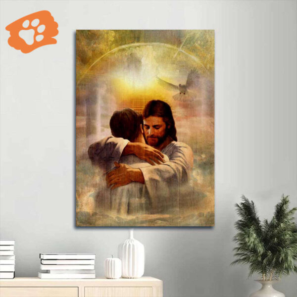 Man Hugging Jesus Portrait Poster – Heavenly Light Home Decor Gift for Christians