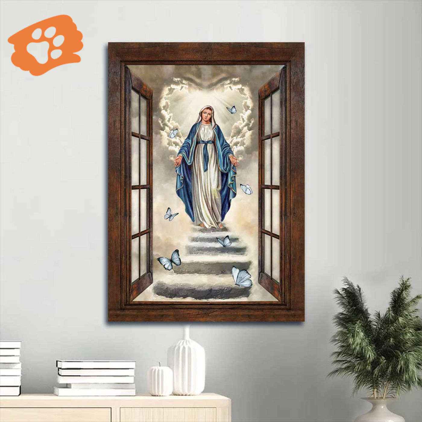 Vintage Jesus Portrait Poster Home Decor Gift with Maria Painting and Blue Butterfly – The Way to Heaven Christian Art