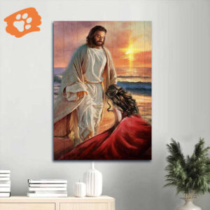 Jesus Sunset Beach Portrait Poster - Inspirational Christian Home Decor Gift