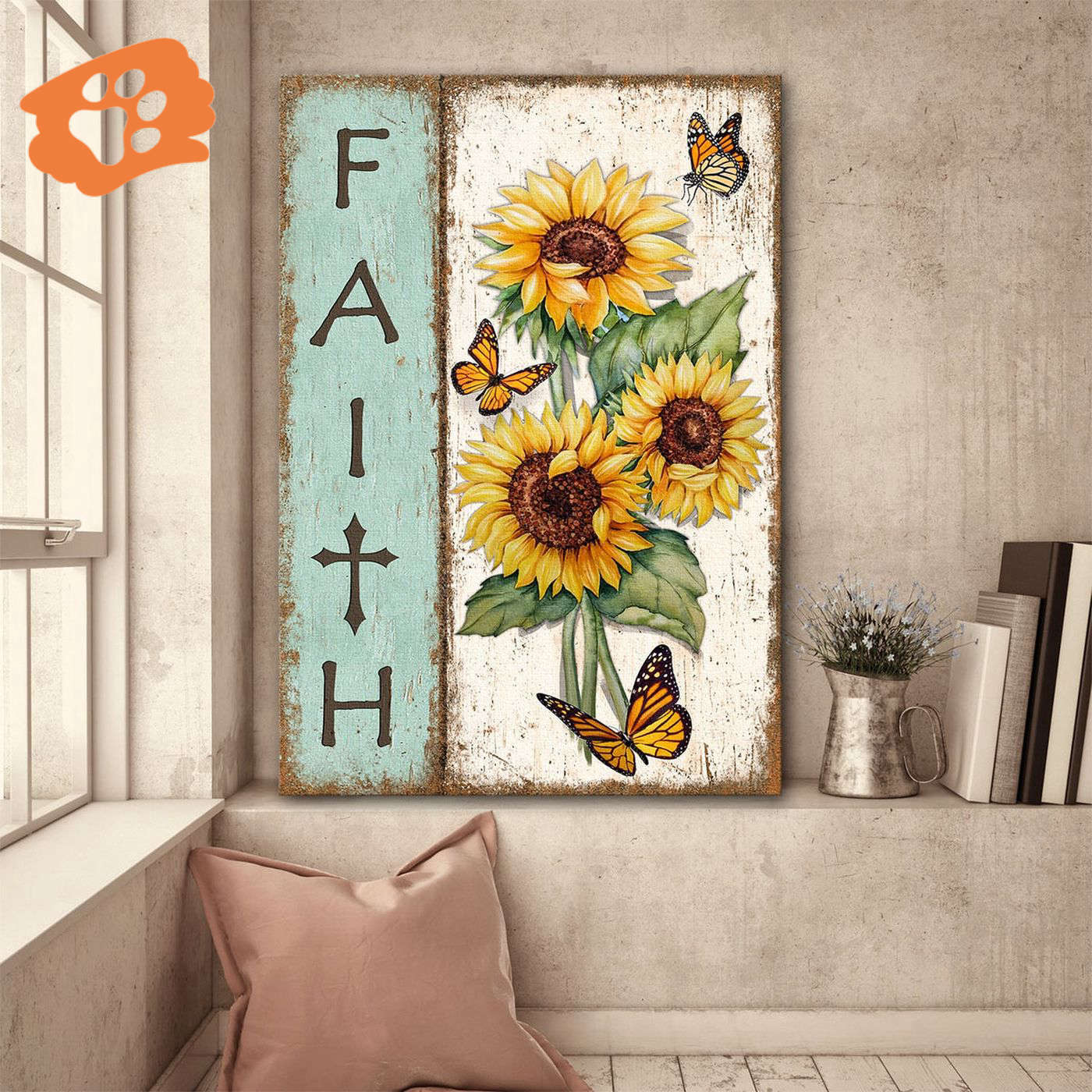 Faithful Jesus Portrait Poster: Orange Butterfly & Sunflower Drawing – Perfect Christian Home Decor Gift