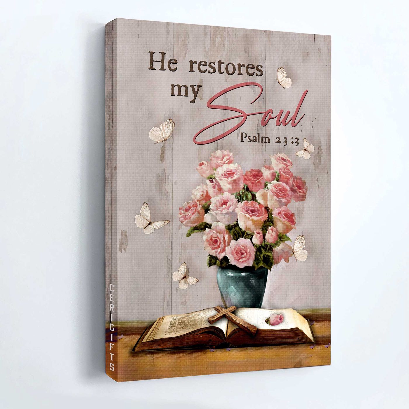 Christian Home Decor Gift – Jesus Portrait Poster with Bible Painting – Pink Rose Vase – He Restores My Soul