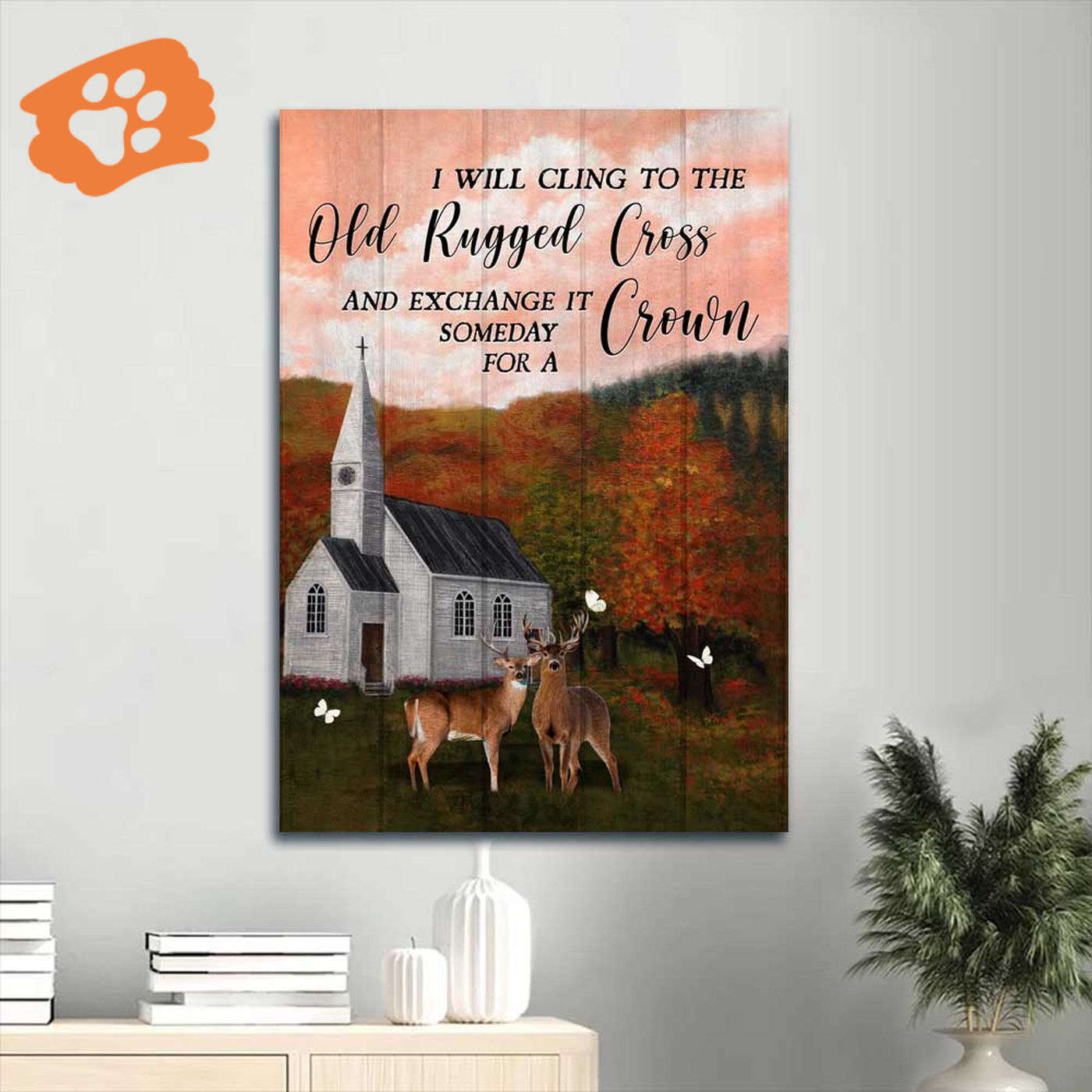 Christian Home Decor Gift: Jesus Portrait Poster – Pink Sunset Autumn Forest Deer Drawing