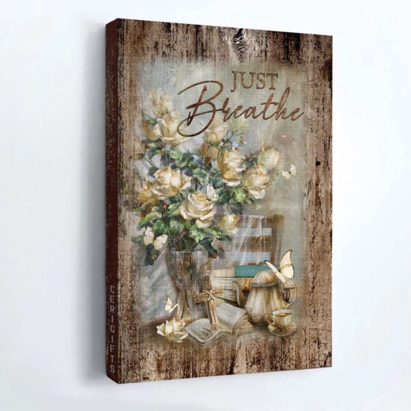 Christian Home Decor Gift: Jesus Portrait Poster with Antique Painting and Just Breathe  Poster Home Decor Gift