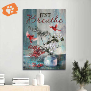 Christian Jesus Portrait Poster Home Decor Gift - Red Cardinals Cherry Blossoms Just Breathe - Wall Art Prints