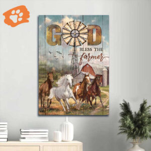 Jesus Portrait Poster Home Decor Gift - Running Horses Red Barn Happy Farm Windmill - Christian Gift