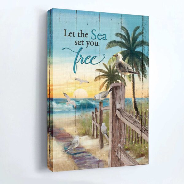 Jesus Portrait Poster: Seagull Painting Sunrise Ocean Palm Tree – Christian Wall Art Home Decor Gift