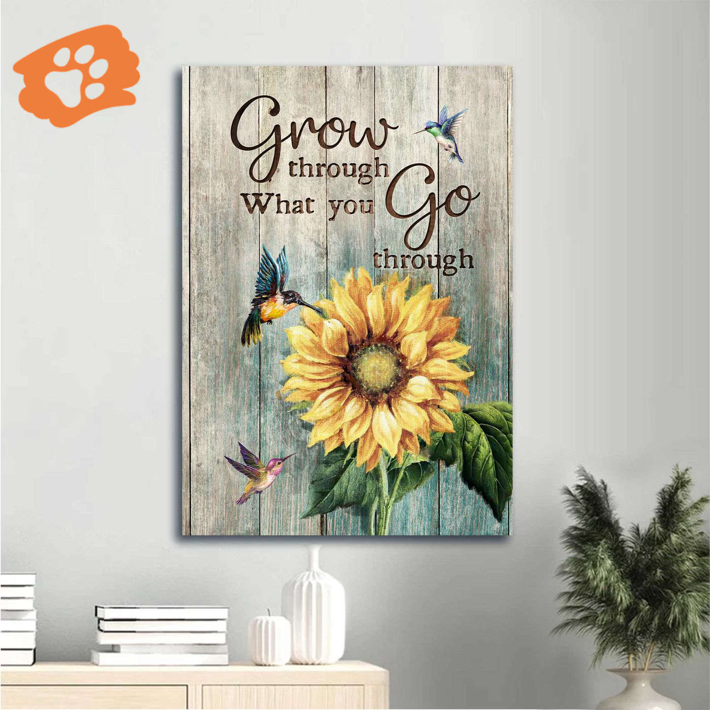 Christian Home Decor Gift: Jesus Portrait Sunflower Hummingbird Vintage Poster – Grow Through What You Go Through