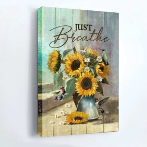 Religious Christian Home Decor Gift - Jesus & Hummingbird Portrait Poster with Sunflower Vase - Inspirational Just Breathe Present 1