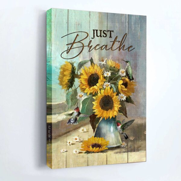 Religious Christian Home Decor Gift – Jesus & Hummingbird Portrait Poster with Sunflower Vase – Inspirational Just Breathe Present
