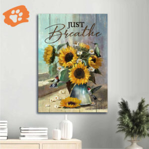 Religious Christian Home Decor Gift - Jesus & Hummingbird Portrait Poster with Sunflower Vase - Inspirational Just Breathe Present
