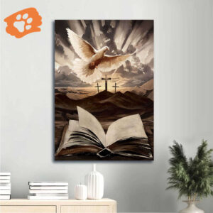 Jesus Portrait Poster: Bible Dove Painting Old Rugged Crosses Sunrise On Mountains - Christian Home Decor Gift