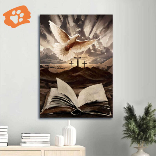 Jesus Portrait Poster: Bible Dove Painting Old Rugged Crosses Sunrise On Mountains – Christian Home Decor Gift