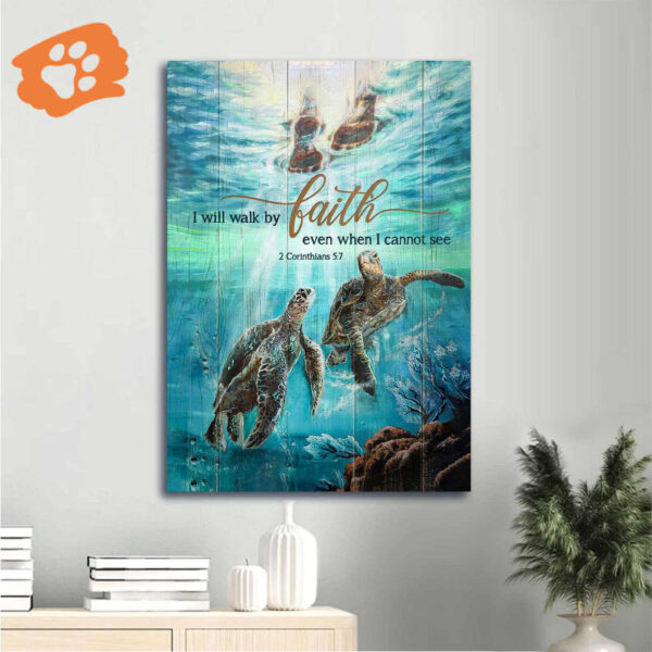 Christian Home Decor Gift: Jesus Portrait & Turtle Couple Under The Sea Poster – Walk by Faith
