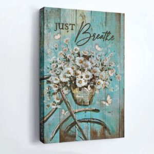 Vintage Jesus Portrait Poster with Bicycle Daisy Vase and White Butterfly - Christian Home Decor Gift - Just Breathe Poster 3
