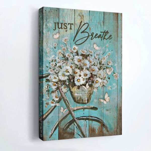 Vintage Jesus Portrait Poster with Bicycle Daisy Vase and White Butterfly – Christian Home Decor Gift – Just Breathe Poster
