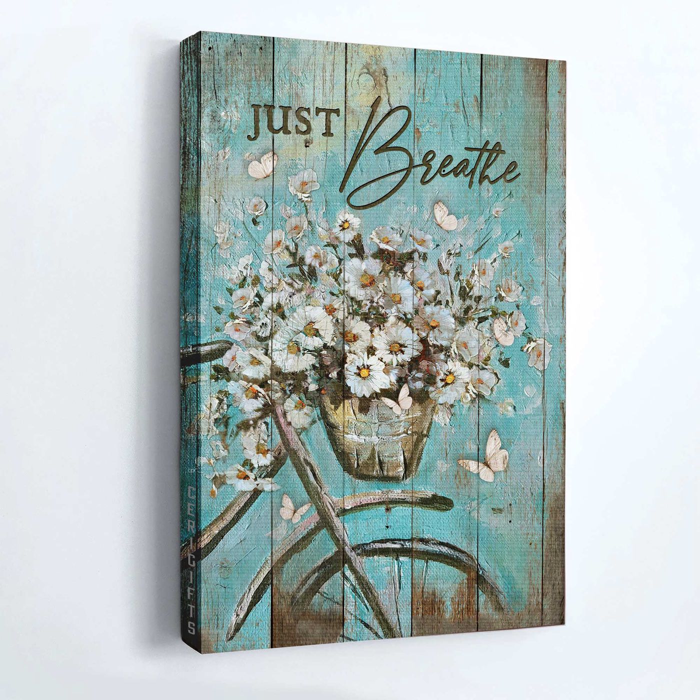 Vintage Jesus Portrait Poster with Bicycle Daisy Vase and White Butterfly – Christian Home Decor Gift – Just Breathe Poster