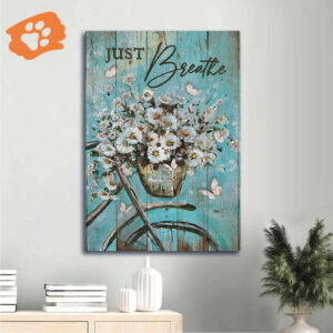 Vintage Jesus Portrait Poster with Bicycle Daisy Vase and White Butterfly - Christian Home Decor Gift - Just Breathe Poster