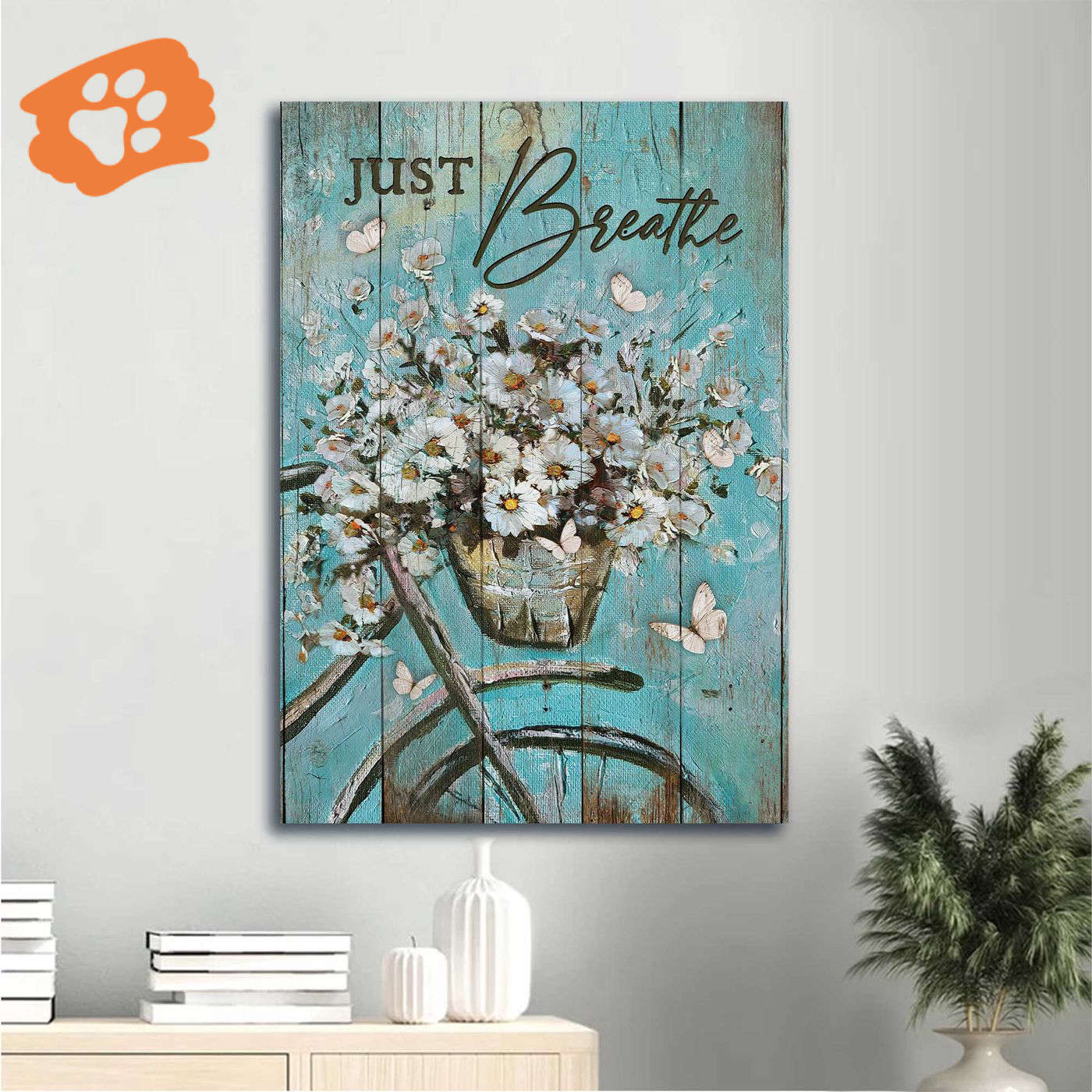 Vintage Jesus Portrait Poster with Bicycle Daisy Vase and White Butterfly – Christian Home Decor Gift – Just Breathe Poster