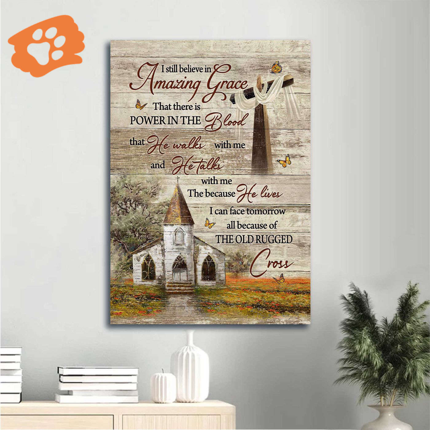 Vintage Jesus Portrait Poster with Church Butterfly Cross – Christian Home Decor Gift – Amazing Grace Wall Art